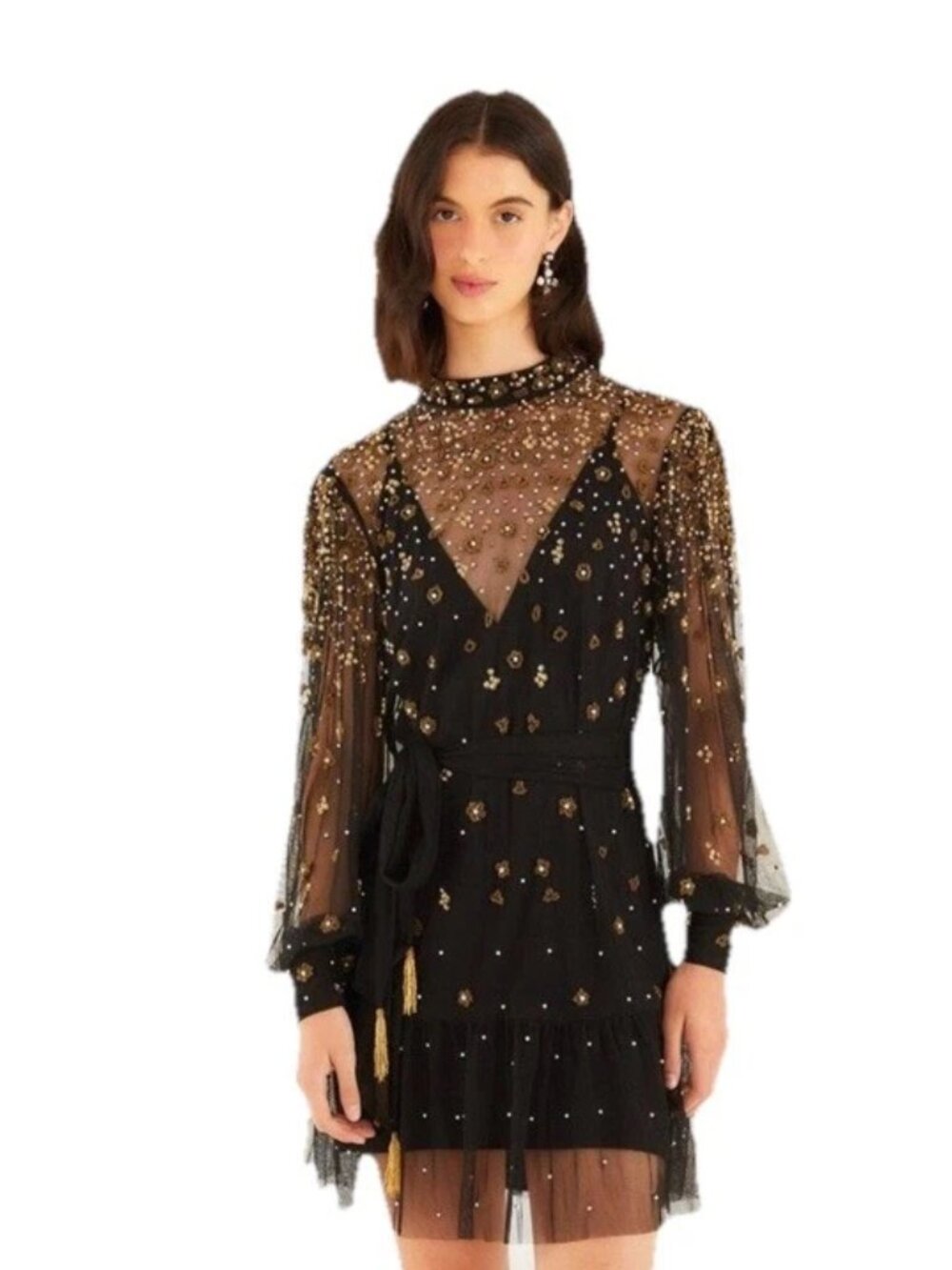 Farm Rio "Embroidered Tulle Overlay" Black Mini Dress NWT Size L